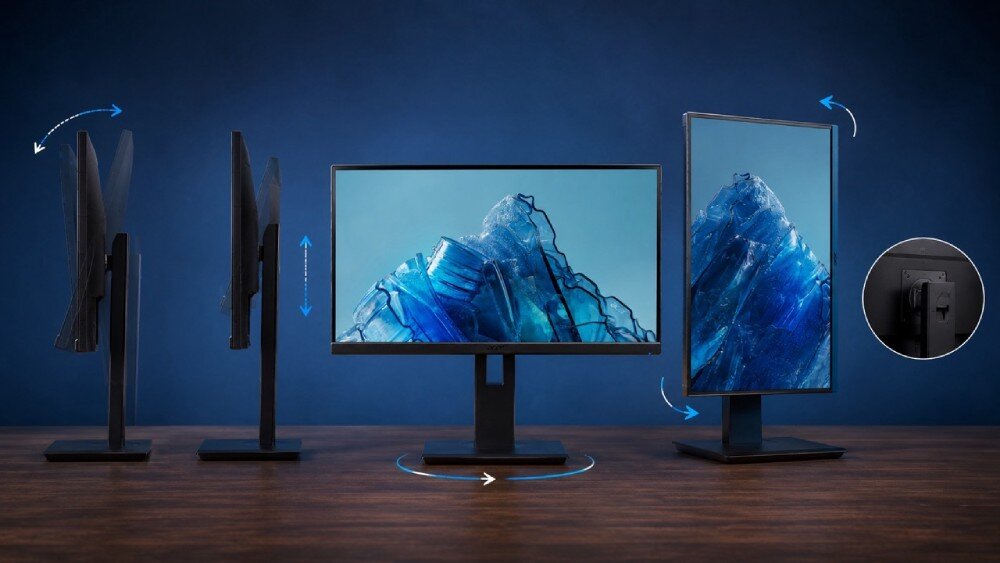 Monitor ACER Vero B7 B277UGBMIIQPRZX Grafika przedstawiająca możliwości regulacji monitora, w tym zmianę kąta nachylenia, wysokości oraz obrót ekranu