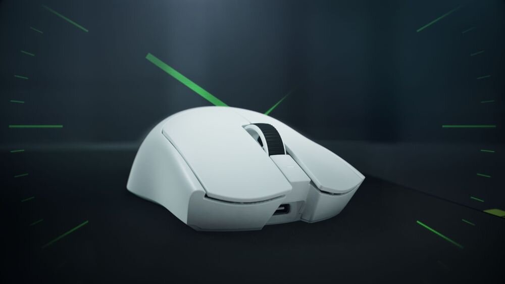 RAZER Viper V4 Pro Lekka konstrukcja 49 g Lżejsza o około 9% względem poprzedniej generacji fingertip grip lub claw grip - mysz na ciemnym dynamicznym tle