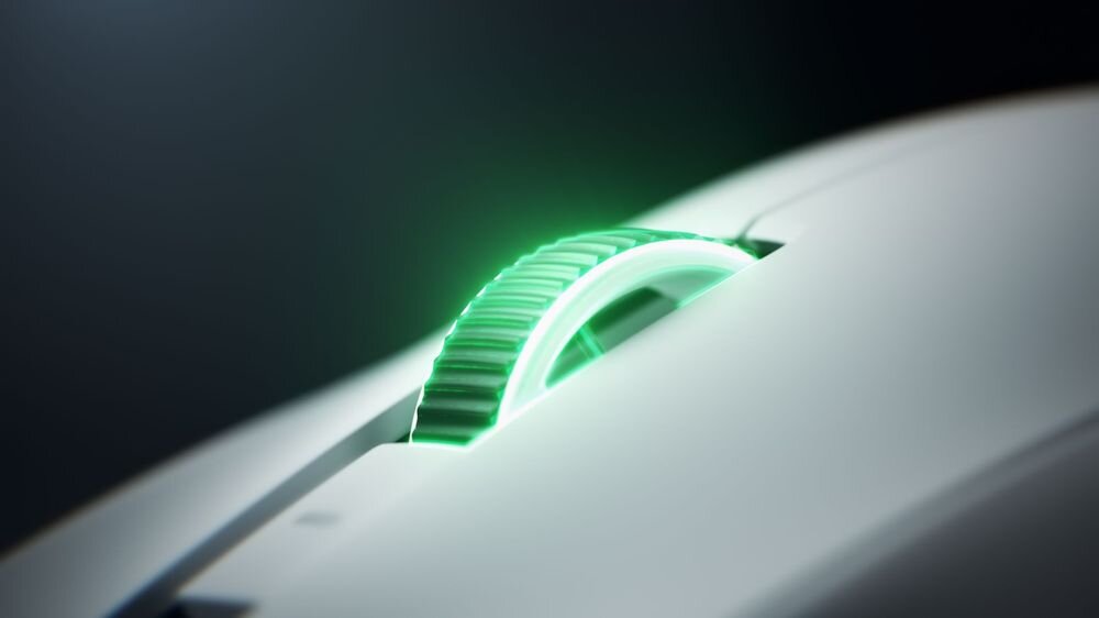 RAZER Viper V4 Pro Kółko przewijania mechanizm optyczny z 24-stopniowym skokiem - zblizenie na kółko myszy