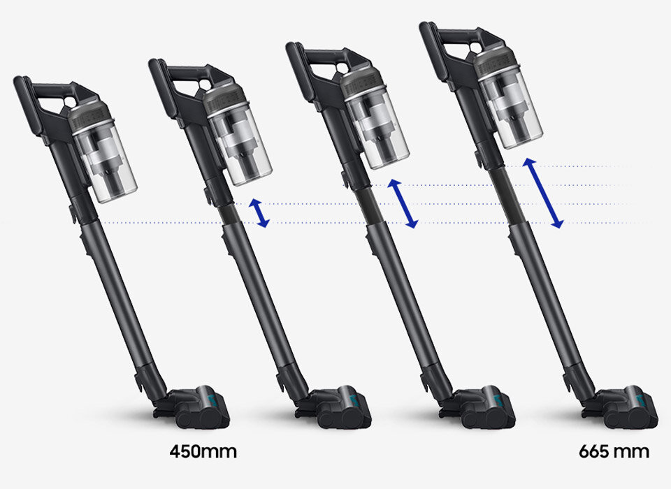 Obraz przedstawia cztery odkurzacze pionowe z przezroczystymi pojemnikami na kurz, ustawione w różnych pozycjach wysokości. Pod odkurzaczami widnieją napisy \'450mm\' i \'665 mm\'.