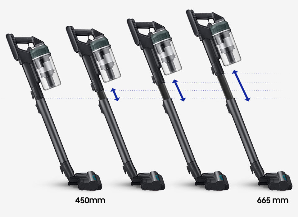 Obraz przedstawia cztery odkurzacze pionowe w różnych pozycjach teleskopowych, z oznaczeniami wysokości 450 mm i 665 mm. Widoczne są niebieskie strzałki wskazujące możliwość regulacji wysokości.