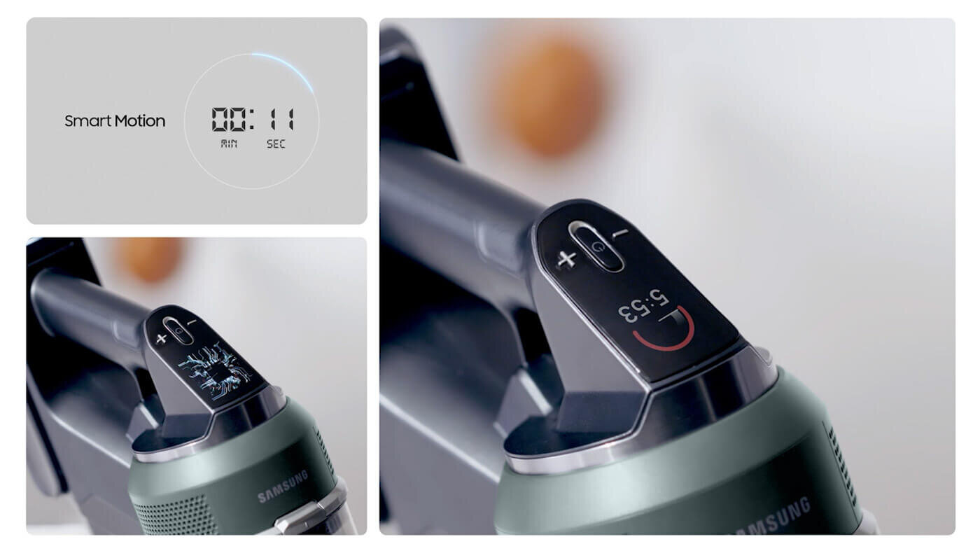 Obraz przedstawia odkurzacz z wyświetlaczem pokazującym czas 5:33 oraz symbolem plusa i minusa. Na osobnym ekranie widoczny jest napis \'Smart Motion\' oraz czas 00:11.