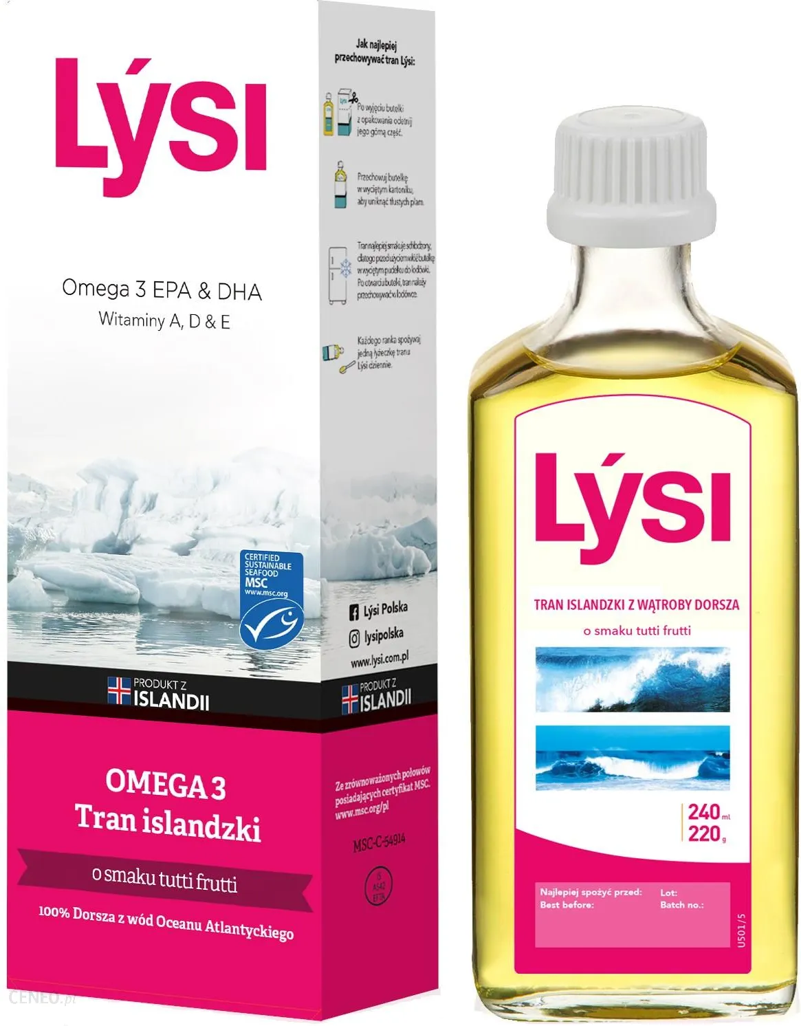 Na obrazie widoczna jest butelka i opakowanie produktu Lýsi Tran Islandzki o smaku tutti frutti. Na opakowaniu znajdują się informacje o zawartości Omega 3, witamin A, D, E oraz certyfikat MSC.