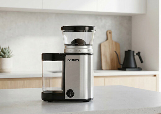 Żarnowy młynek do kawy MMK-09M na kuchennym blacie, w tle pozostała zabudowa kuchenna.