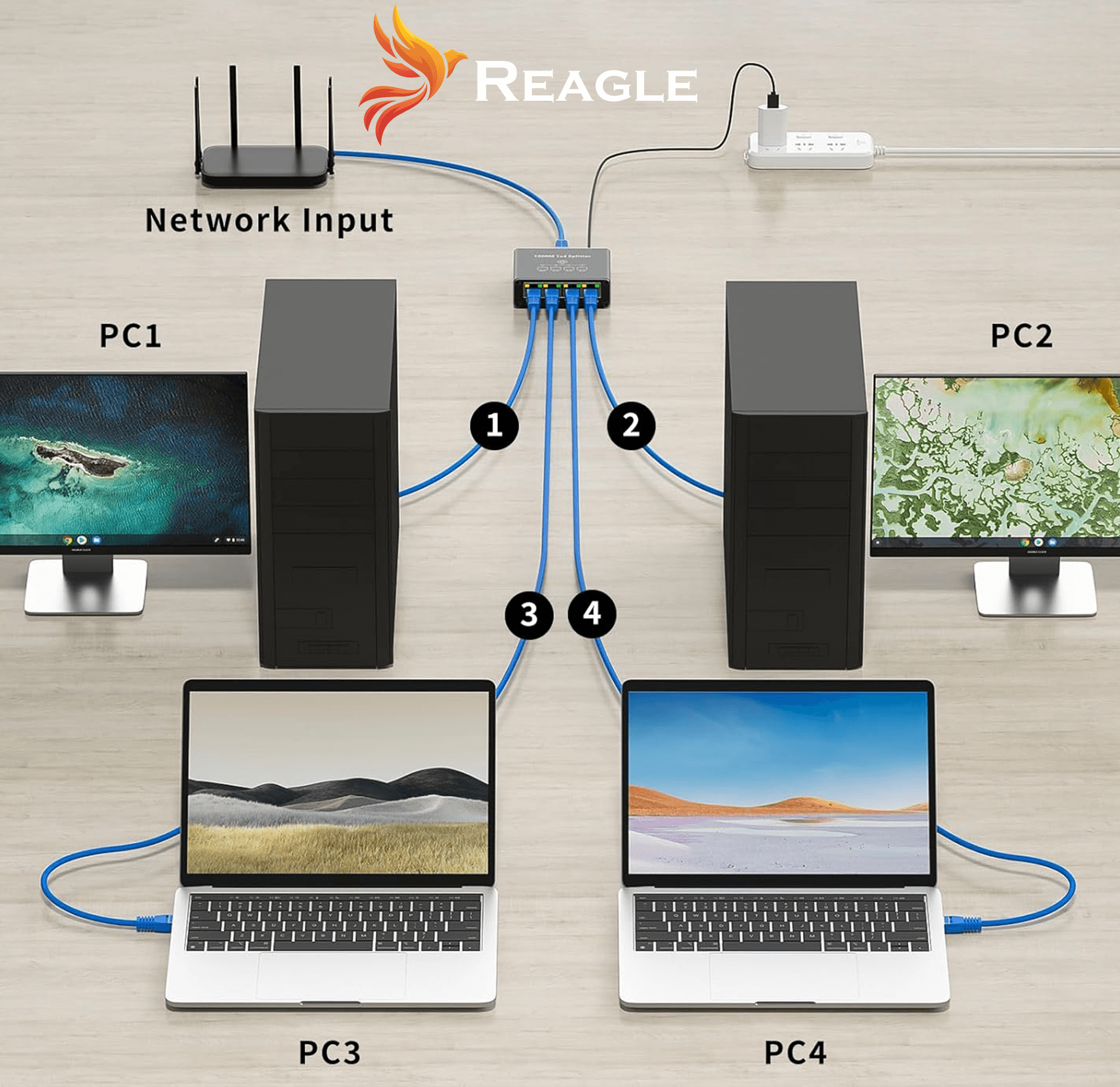 Na obrazie widoczny jest schemat połączenia sieciowego z użyciem adaptera Reagle, do którego podłączone są cztery urządzenia: dwa komputery stacjonarne i dwa laptopy. Na górze znajduje się logo Reagle oraz napis \'Network Input\'.