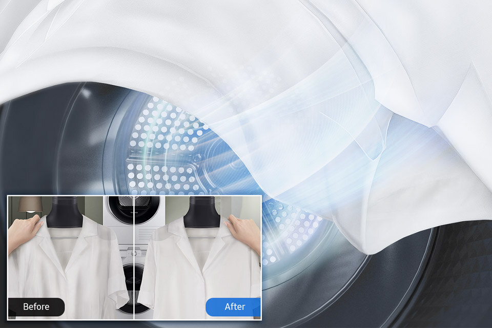 porównanie efektów przed suszeniem i z włączoną funkcją redukującą zagniecenia