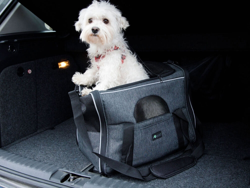 Widok z przodu na rozkładaną torbę transportową z niebieskimi detalami i szerokimi panelami z czarnej siatki wentylacyjnej.