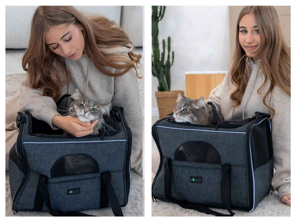 Kolaż trzech zdjęć prezentujących różne funkcje szarej torby transportowej: noszenie na ramieniu, rozkładanie boków oraz kontakt z kotem.