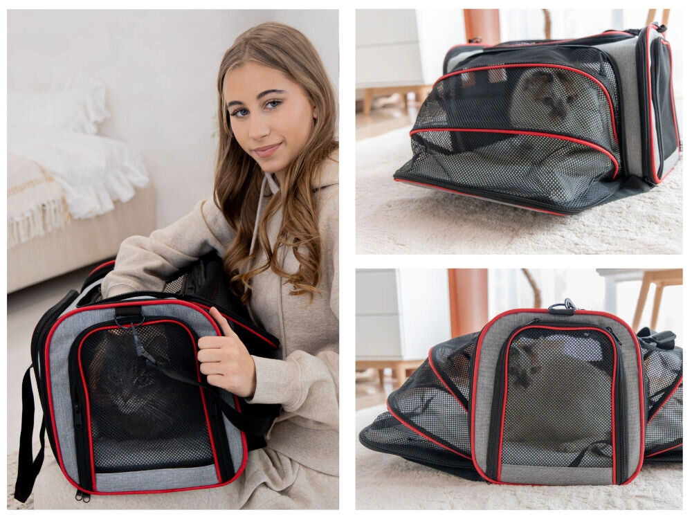 Kolaż trzech zdjęć prezentujących funkcjonalność torby transportowej: kontakt z właścicielem oraz system rozkładanych ścianek z siatki zwiększający przestrzeń dla kota.