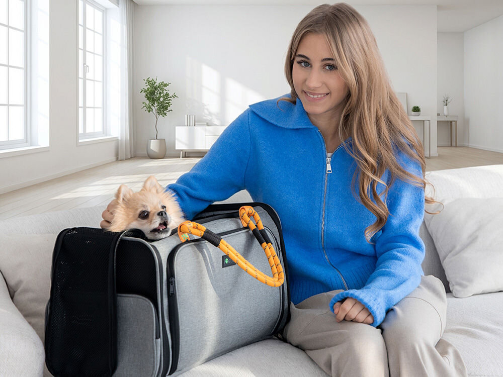 Kobieta w niebieskiej bluzce siedzi obok szarego nosidełka dla zwierząt, w którym znajduje się pomeranian z otwartym pyszczkiem, w jasnym pokoju.