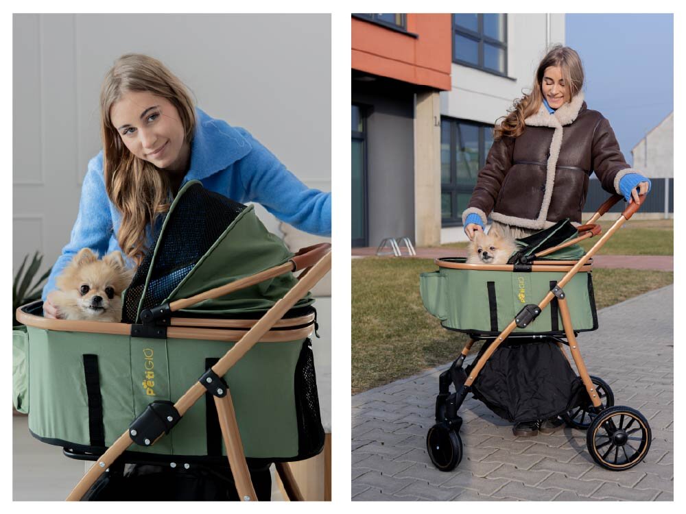 Wózek dla zwierząt PETIGIO Peti-to-Travel PETI-705-B Dyptyk pokazujący młodą kobietę z Pomeranianem i oliwkowym wózkiem PettiGio. Po lewej: kobieta w niebieskim swetrze głaszcze psa we wnętrzu. Po prawej: ta sama kobieta w brązowej kurtce i niebieskich rękawiczkach prowadzi wózek na zewnątrz.
