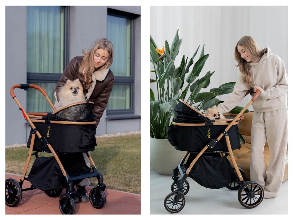 Wózek dla zwierząt PETIGIO Peti-to-Travel PETI-705-B Dyptyk pokazujący młodą kobietę z Pomeranianem i czarnym wózkiem PettiGio. Po lewej: kobieta w brązowej kurtce pochyla się nad psem na zewnątrz. Po prawej: ta sama kobieta w beżowym dresie stoi obok wózka we wnętrzu.
