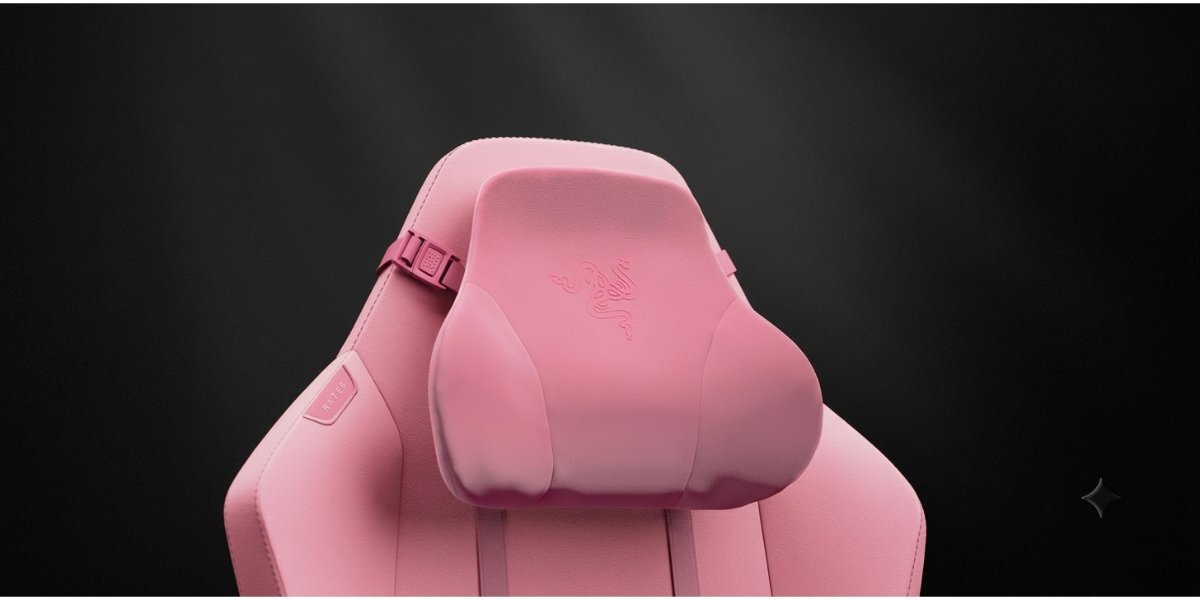 Przybliżenie na zagłówek fotela gamingowego Razer Iskur V2 Newgen, tło jest ciemne.