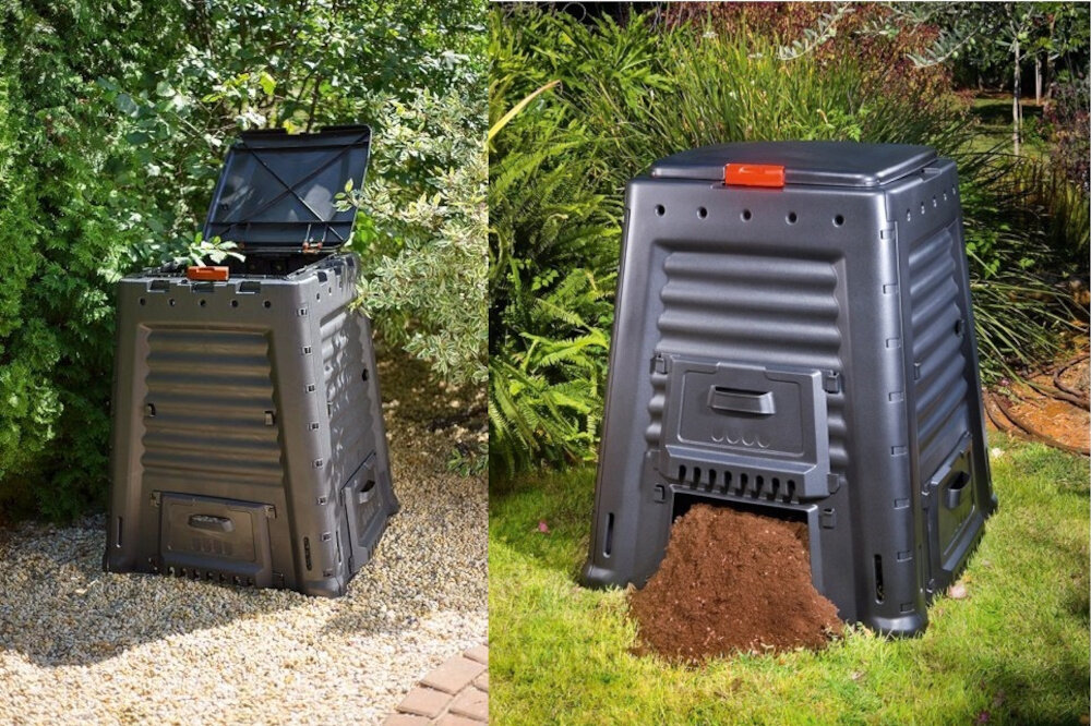 Kompostownik KETER Mega composter 650 l Czarny kompostownik na dwóch ujęciach na tle ogrodu na jedym zamknięta pokrywa na drugim otwrta pokrywa szybkie i efektywne przekształcanie odpadów organicznych w wartościowy nawóz przemyślana konstrukcja cyrkulacja powietrza ekologiczne gospodarowanie w ogrodzie
