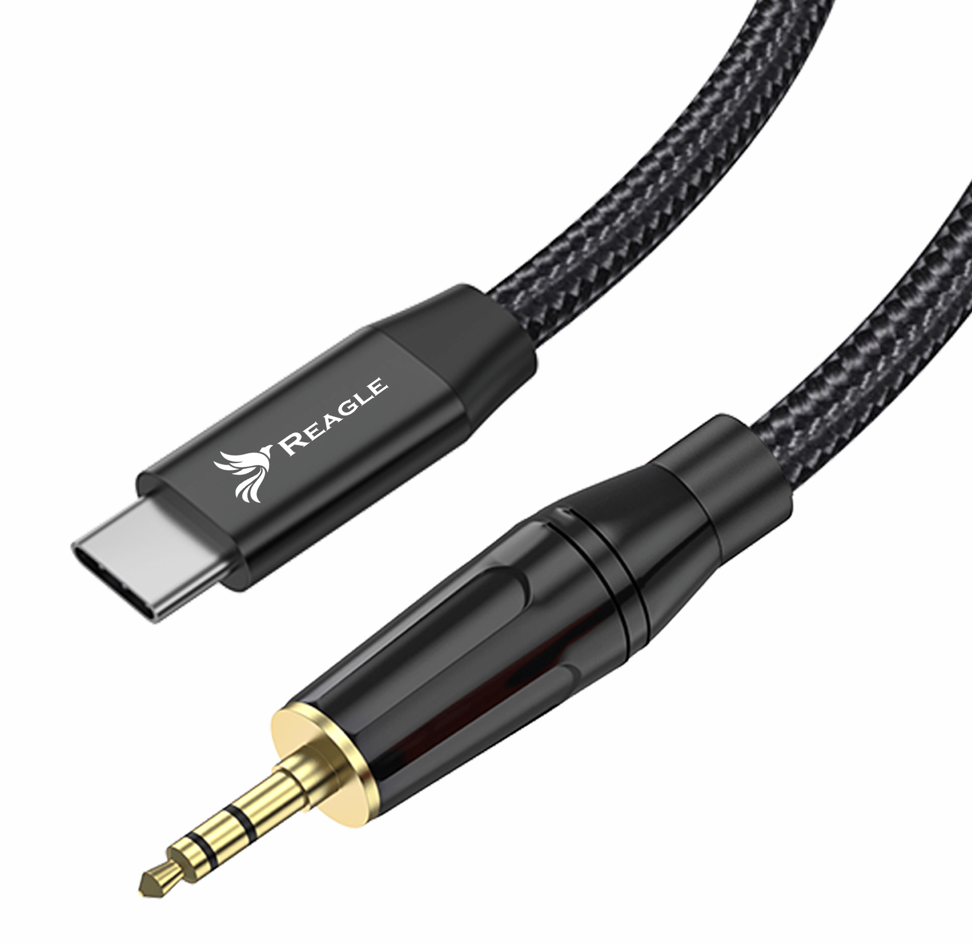 Na obrazie widoczny jest kabel z końcówkami USB-C i Jack 3,5 mm, z logo \'REAGLE\' na jednej z końcówek. Kabel ma plecioną osłonę w kolorze czarnym.