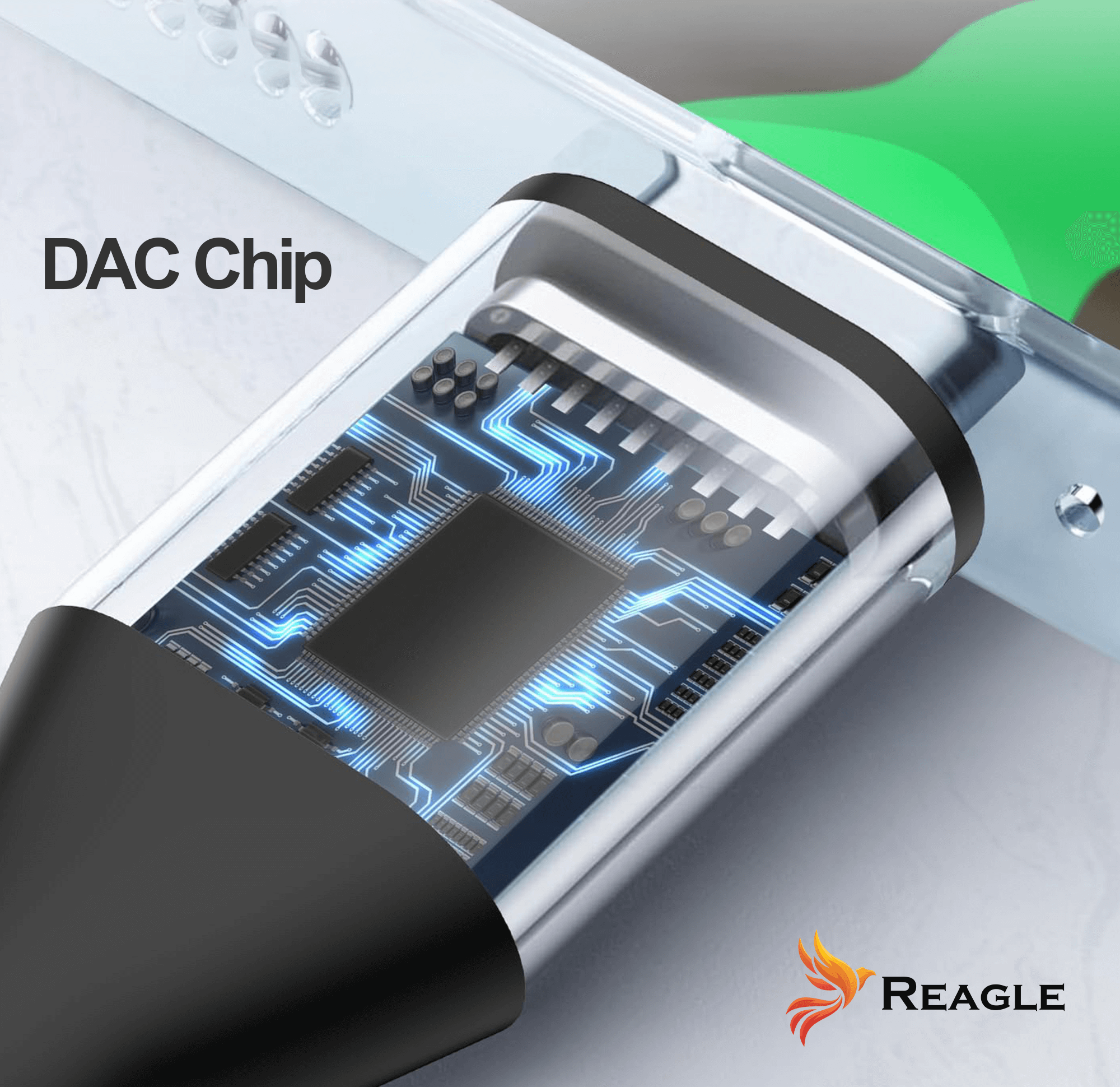 Obraz przedstawia zbliżenie na kabel z widocznym chipem DAC oraz napisem \'DAC Chip\'. W prawym dolnym rogu znajduje się logo z napisem \'Reagle\'.