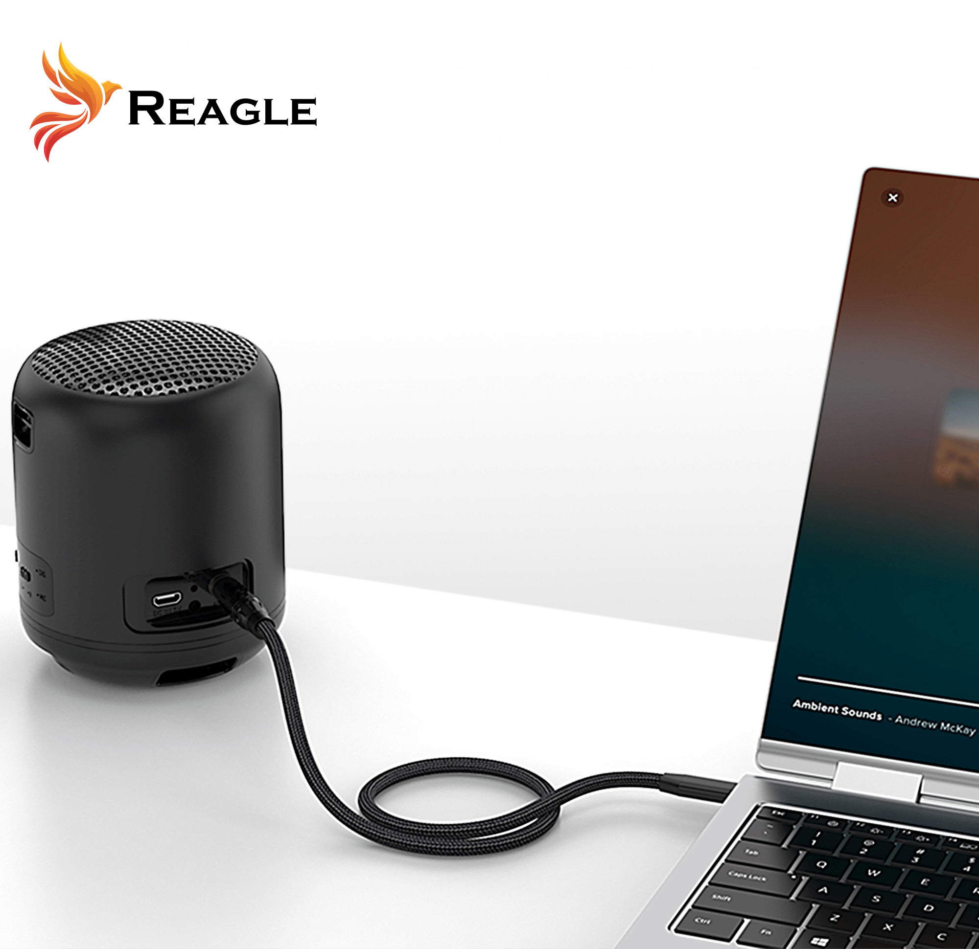 Czarny głośnik podłączony do laptopa za pomocą kabla USB C - Jack 3,5 mm. Logo \'Reagle\' widoczne w lewym górnym rogu obrazu.