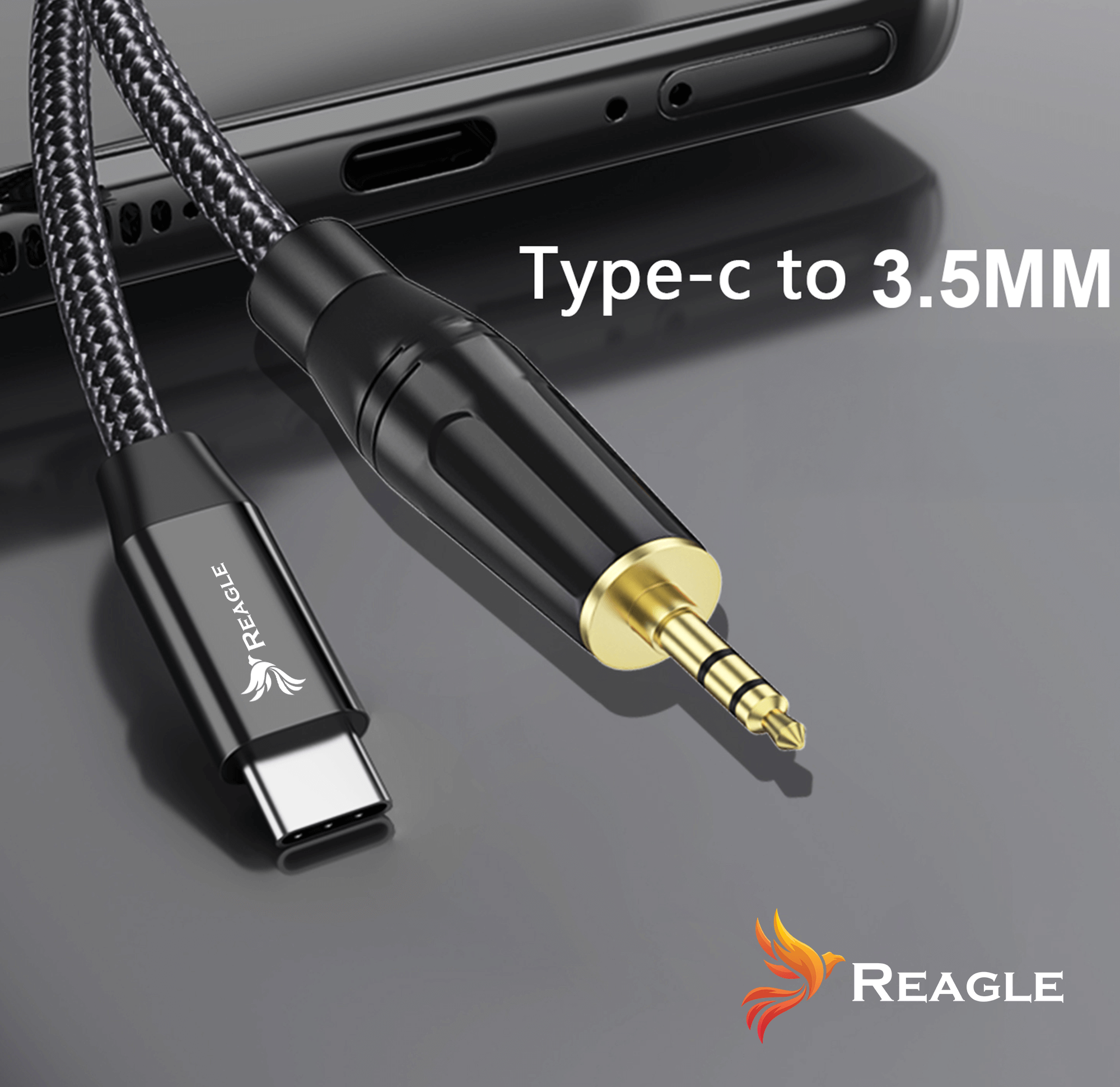 Na obrazie widoczny jest kabel z końcówkami USB-C i Jack 3,5 mm, z logo Reagle. Obok kabla znajduje się tekst: \'Type-c to 3.5MM\'.
