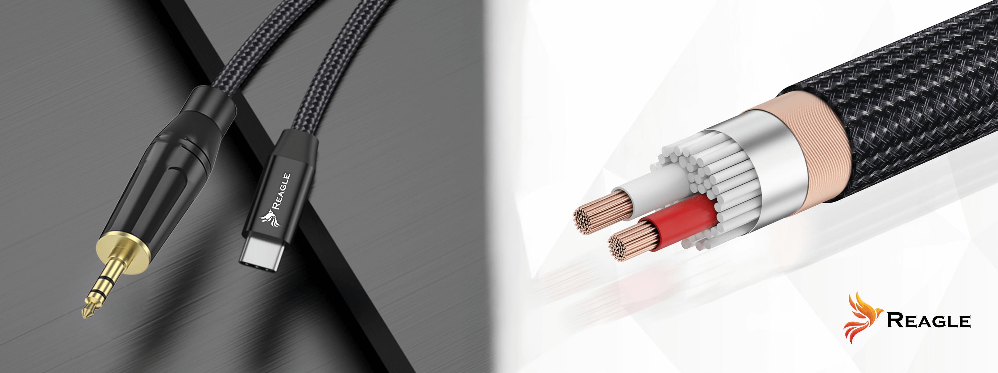 Obraz przedstawia kabel z końcówkami USB-C i Jack 3,5 mm oraz przekrój kabla ukazujący jego wewnętrzną strukturę. Widoczne jest logo \'Reagle\'.