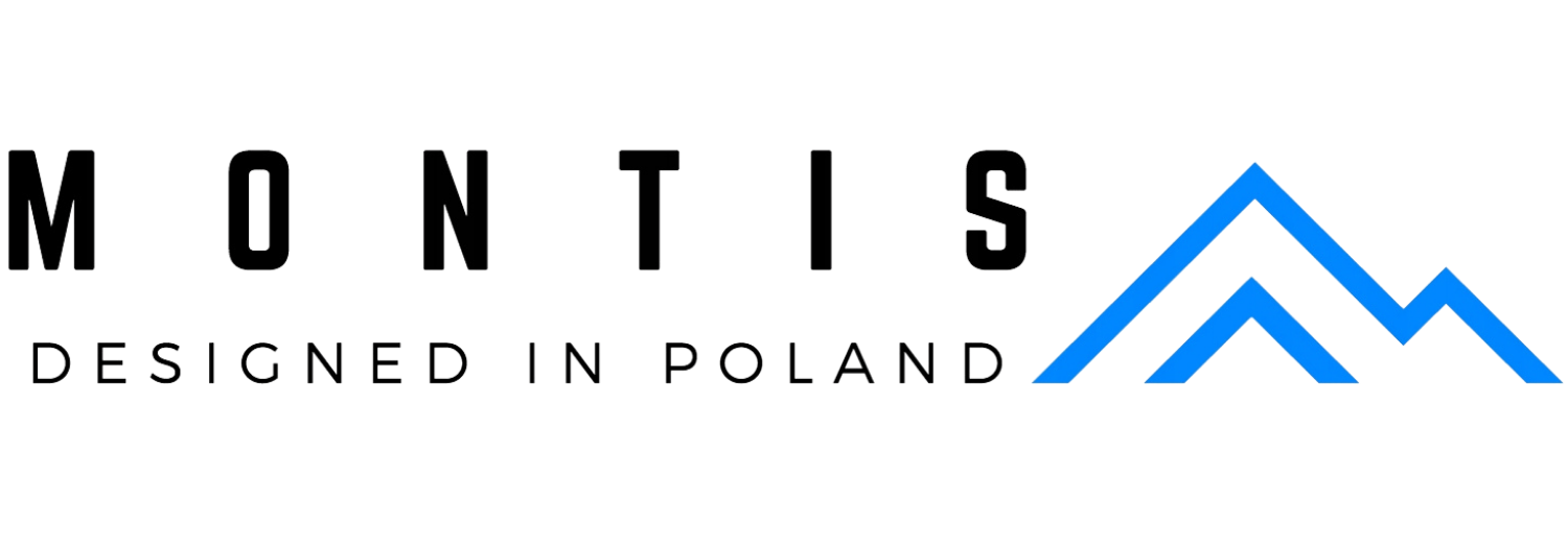 Logo z napisem \'MONTIS DESIGNED IN POLAND\' oraz niebieskim symbolem przypominającym góry.