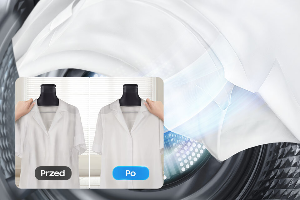 Zdjęcie ukazuje efekt zagnieceń w suszarce DV90DB7845GWU4 sprawiając, że ubrania są gładkie i gotowe do założenia bez prasowania.