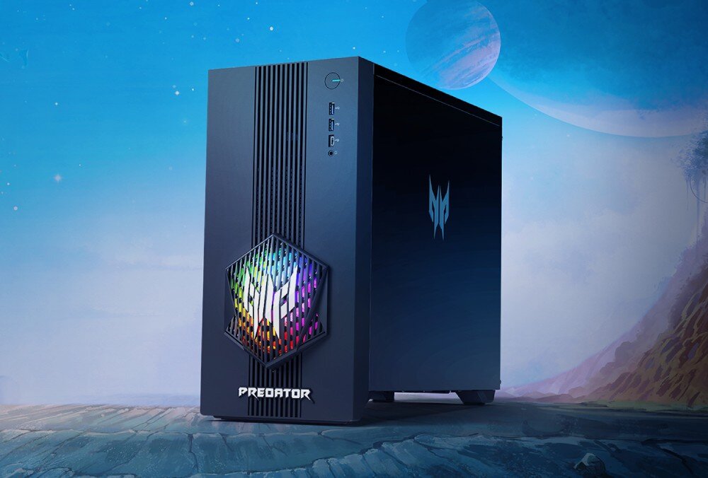 Komputer ACER Predator Orion PO3-665 Obudowa komputera stacjonarnego na tle kosmicznego krajobrazu z planetami, z podświetlanym logo oraz portami na przednim panelu