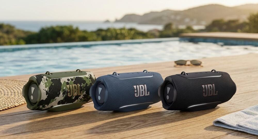 Głośnik mobilny JBL Xtreme 5 pełne brzmienie moc dynamiczny dźwięk Bluetooth, trzy głośniki mobilne w różnych wersjach kolorystycznych stojące na drewnianej podłodze