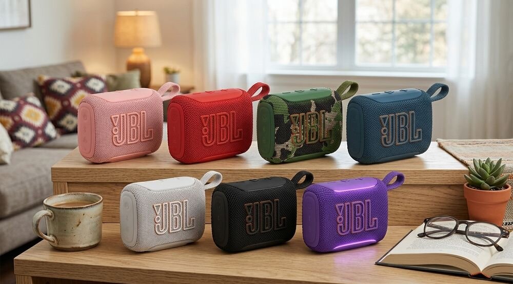 JBL Go 5 głośnik mobilny kompaktowy rozmiar mocne brzmienie przenośny design kieszonkowy, głośniki mobilne w różnych kolorach stojące na regale