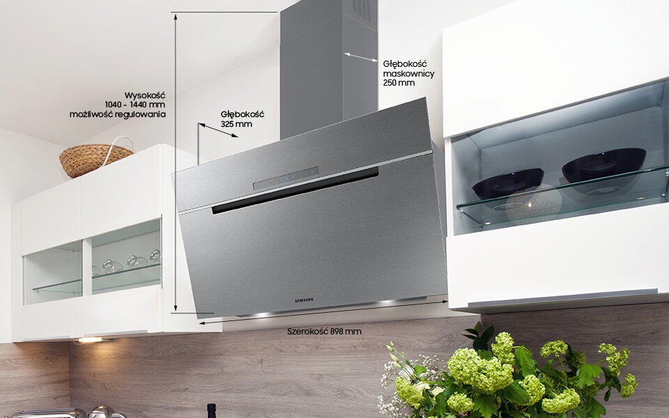 Samsung okap NK36M7070VS: Media Expert: wysokość urządzenia Samsung okap skośny NK36M7070VS: Media Expert: wysokość urządzenia