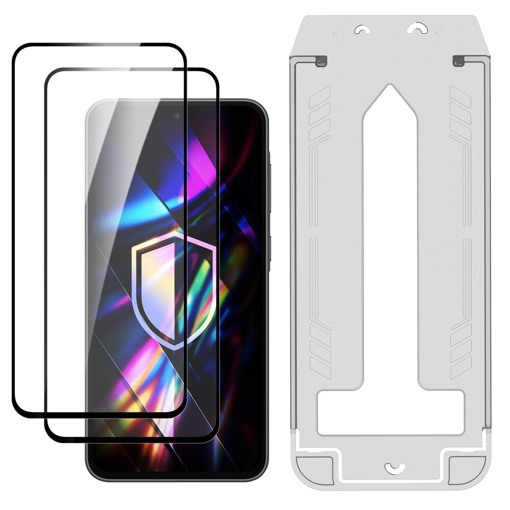 Na obrazie widoczne są dwa szkła hartowane oraz telefon z kolorowym wzorem na ekranie. Obok znajduje się szablon montażowy w jasnym kolorze.