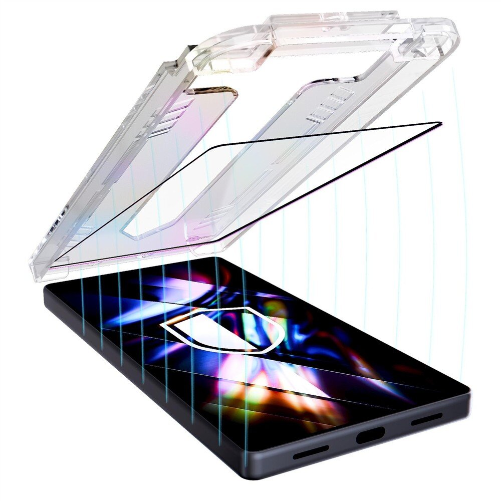 Obraz przedstawia szkło hartowane unoszące się nad smartfonem, z efektem ochronnym symbolizowanym przez tarczę. Szkło jest przezroczyste, a na ekranie telefonu widoczne są kolorowe refleksy.