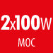 Czerwony kwadrat z białym tekstem \'2x100W MOC\'.