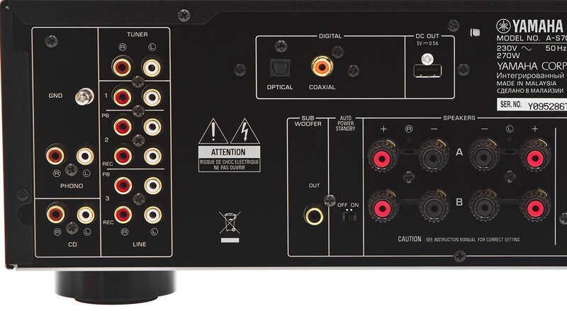 Tył wzmacniacza z różnymi złączami, w tym wejściami RCA, optycznym i koaksjalnym. Widoczne są napisy: \'YAMAHA MODEL NO. A-S701\', \'ATTENTION\', \'CAUTION\' oraz \'SER. NO. Y095286Z\'.