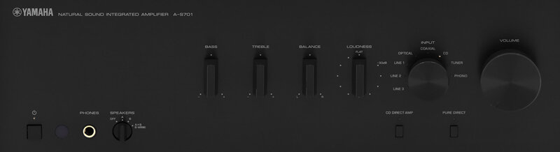 Czarny panel wzmacniacza z logo YAMAHA i napisem \'NATURAL SOUND INTEGRATED AMPLIFIER A-S701\'. Widoczne są pokrętła do regulacji basów, tonów wysokich, balansu, głośności oraz selektory wejść i wyjść.