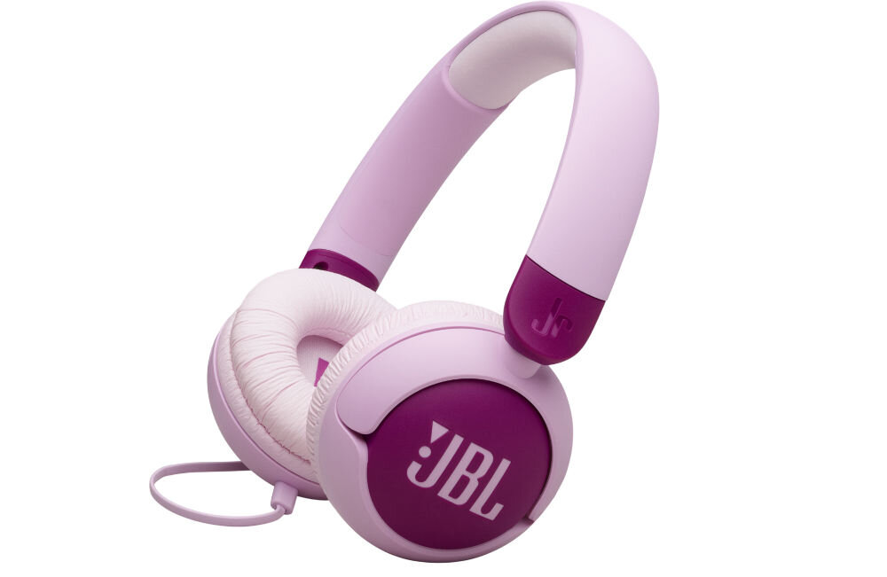 Słuchawki nauszne JBL JR 320 miękka wyściółka pałąka wygodne dopasowanie dla dzieci, słuchawki nauszne po skosie na białym tle