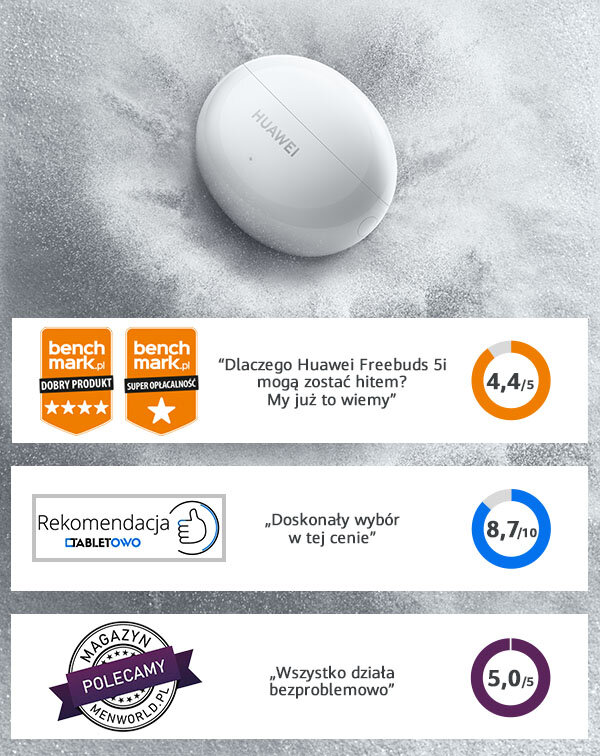  tutaj powinno byc małe zdjęcie Słuchawki dokanałowe HUAWEI Freebuds 5I  dźwięk moc łączność szumy redukcja szumów hałas głośność zakres częstotliwość waga zasilanie ładowanie złącze port wtyczka działanie etui smartfon sterowanie wygoda muzyka