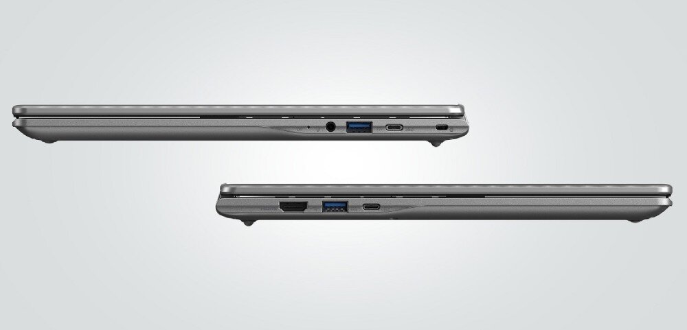Laptop ACER Chromebook 315 CB315-6H-TCO-C7L6 Dwa widoki boczne zamkniętego laptopa pokazujące porty i złącza po obu stronach obudowy, porty, gniazda, podłączenie