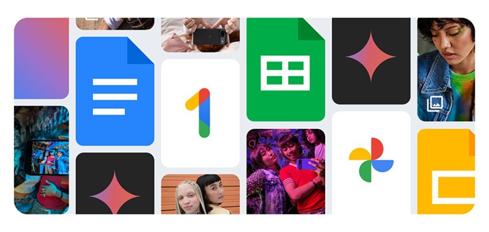 Laptop ACER Chromebook 315 CB315-6H-TCO-C7L6 Grafika złożona z kolorowych ikon aplikacji Google, takich jak Dokumenty, Arkusze, Dysk, Zdjęcia i inne, z logo Google One pośrodku, usługa Google One AI