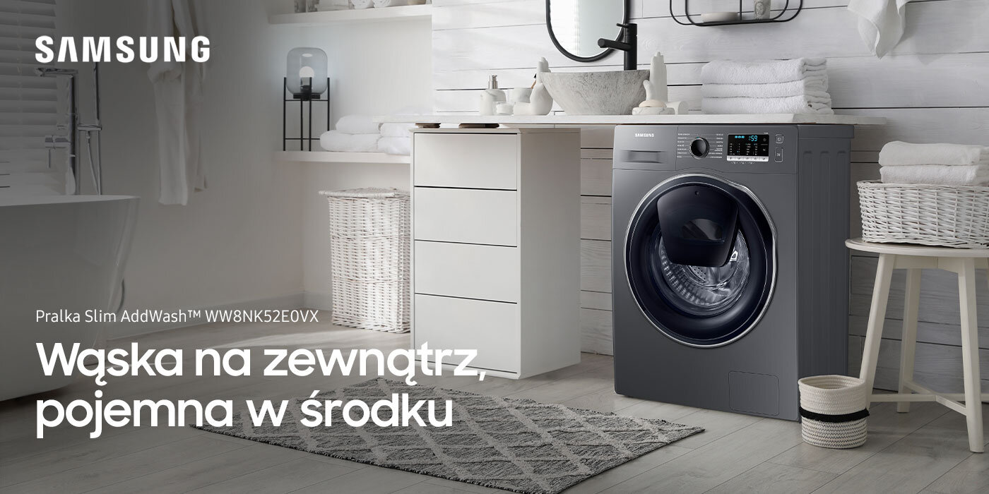 Estetyczna prezentacja pralki Samsung AddWash WW8NK52E0VX, który jest dostępny w sklepach Media Expert