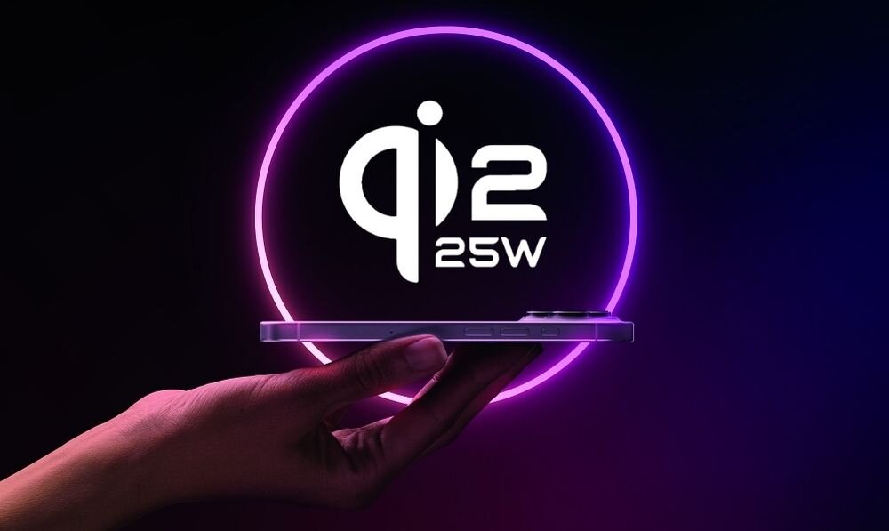 CELLULARLINE WIRPADMAGQI25W Technologia Qi2 25 W magnetyczne dopasowanie chroni urządzenie przed przegrzewaniem mocne magnesy stabilne połączenie i zasilanie przeciwprzepięciowe, przeciwzwarciowe i temperaturowe - grafika przedstawiająca technologię qi2