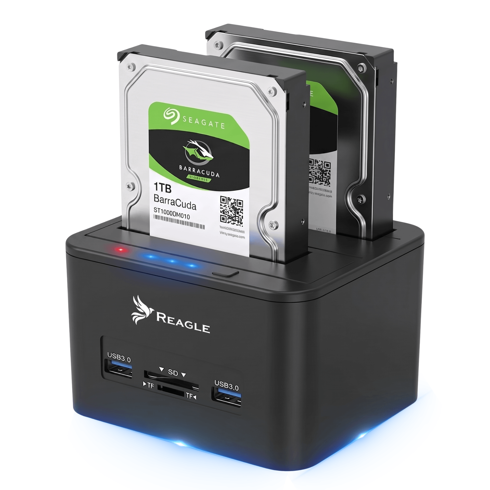 Stacja dokująca REAGLE z dwoma dyskami twardymi Seagate Barracuda 1TB. Na przedniej części znajdują się dwa porty USB 3.0, czytnik kart SD i TF oraz logo REAGLE.