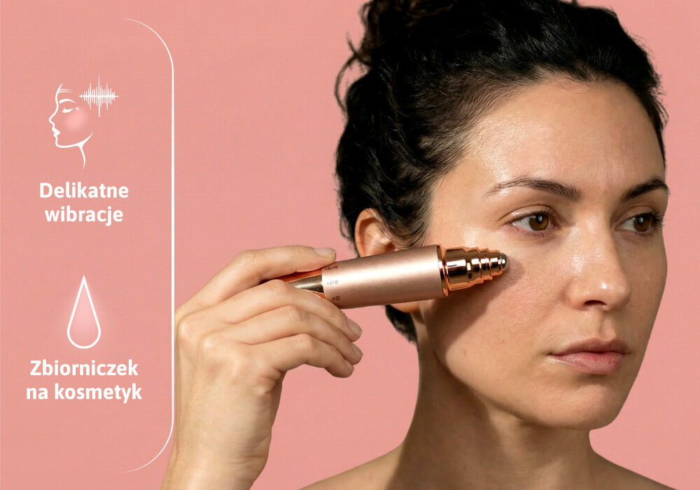 Masażer pod oczy MARIELLE MMOW Złoty zdjęcie lifestyle Masaż z rozprowadzaniem kosmetyku Delikatne wibracje soniczne o częstotliwości 5600 pulsacji na minut zbiorniczek na Twój ulubiony krem lub serumę wibracje