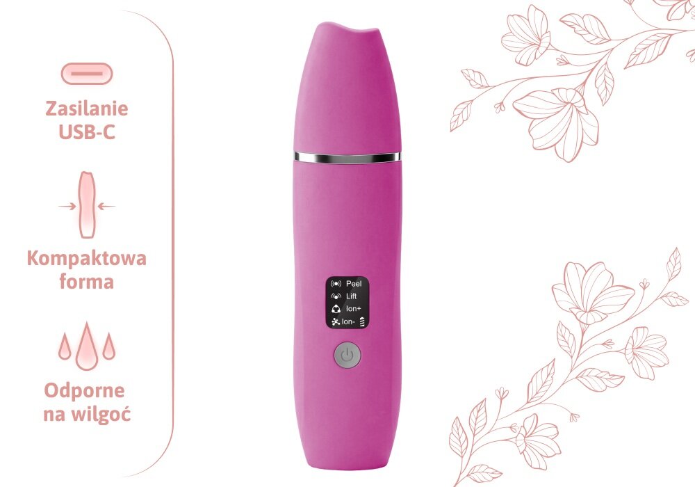 Fioletowe urządzenie do peelingu kawitacyjnego z przyciskiem zasilania i wyświetlaczem z opcjami: Peel, Lift, Ion+, Ion-. Obok widoczne są napisy: \'Zasilanie USB-C\', \'Kompaktowa forma\', \'Odporne na wilgoć\'.