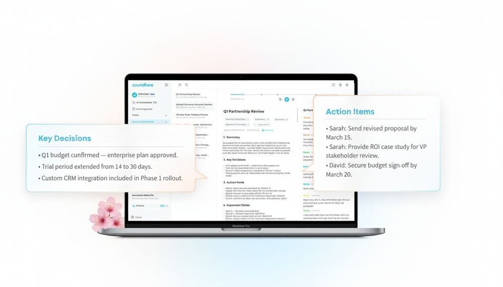 Dyktafon AI ANKER Soundcore Work podsumowanie AI decyzje zadania terminy, laptop na jasnym tle