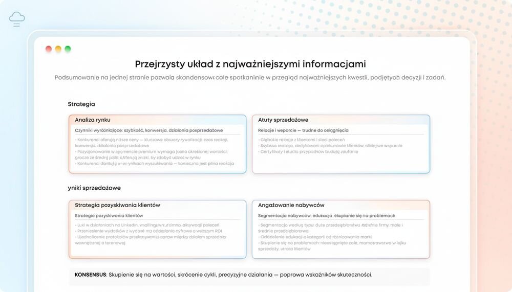 Dyktafon AI ANKER Soundcore Work podsumowanie spotkania decyzje zadania na jednej stronie, zrzut ekranu strony