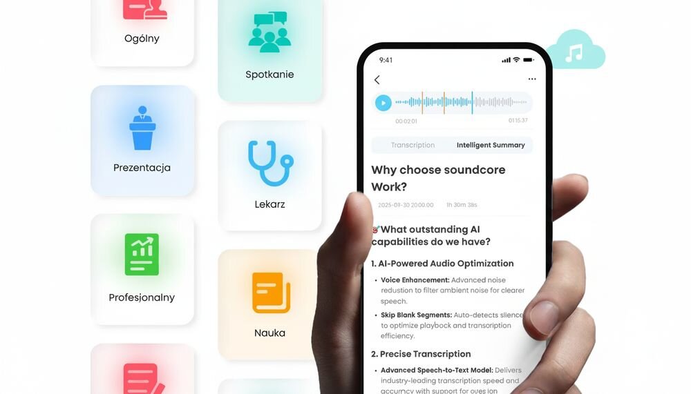 Dyktafon AI ANKER Soundcore Work szablony notatek spotkanie z klientem burza mózgów, telefon trzymany w ręku