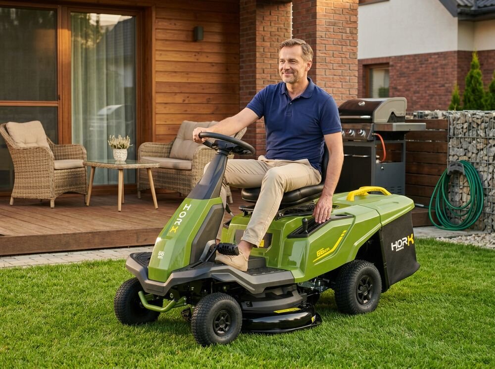 Traktor ogrodowy HORX MEX RS 166 C D224 660 mm 4.4 kW, traktor, koszenie, ogród, trawnik, Mężczyzna kosi trawnik zielonym traktorkiem kosiarką HORX przed domem.