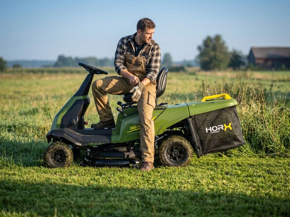 Traktor ogrodowy HORX MEX RS 166 C D224 660 mm 4.4 kW, traktor, silnik, koszenie, trawnik, Mężczyzna w ogrodniczkach siedzi na zielonym traktorku kosiarce HORX na wiejskiej łące.