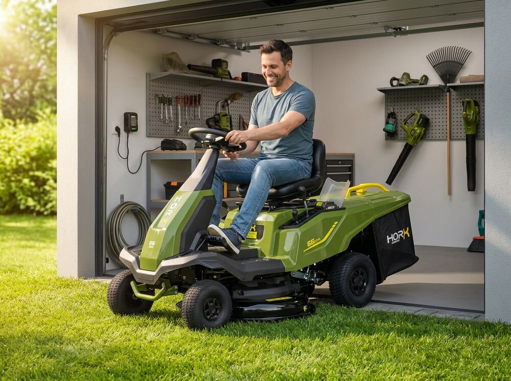 Traktor ogrodowy HORX MEX RS 166 C D224 660 mm 4.4 kW, rozruch, akumulator, ładowanie, instalacja, Zielony traktorek kosiarka HORX wyjeżdża z garażu wiosenną porą