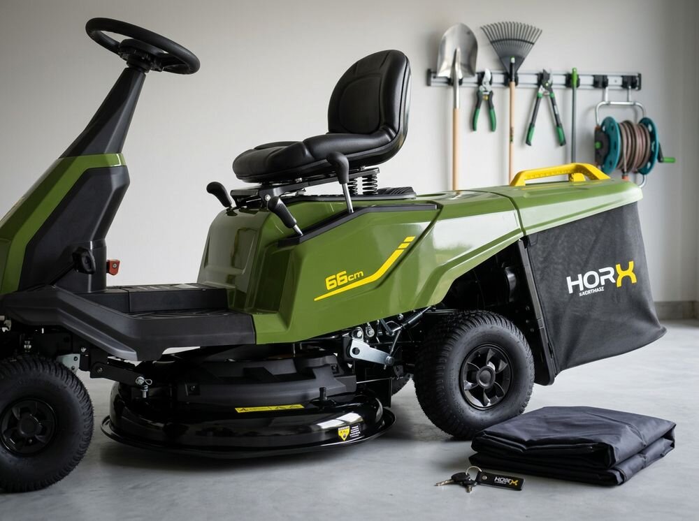Traktor ogrodowy HORX MEX RS 166 C D224 660 mm 4.4 kW, konstrukcja, bezpieczeństwo, podwozie, trwałość, Zielony traktorek kosiarka HORX zaparkowany w garażu obok akcesoriów, kluczyków i pokrowca.